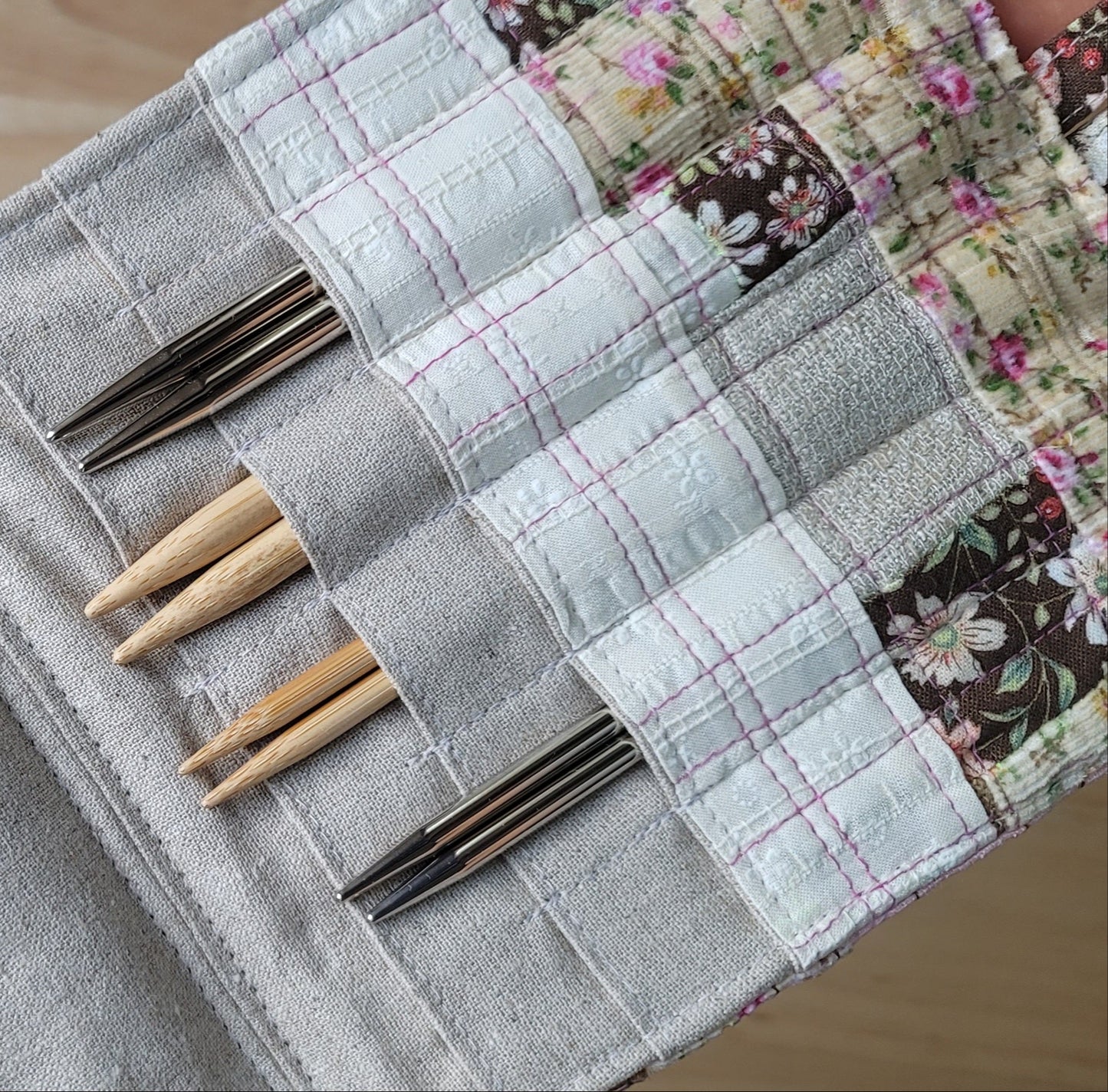 unique knitting needle organizer created with recycled fabrics