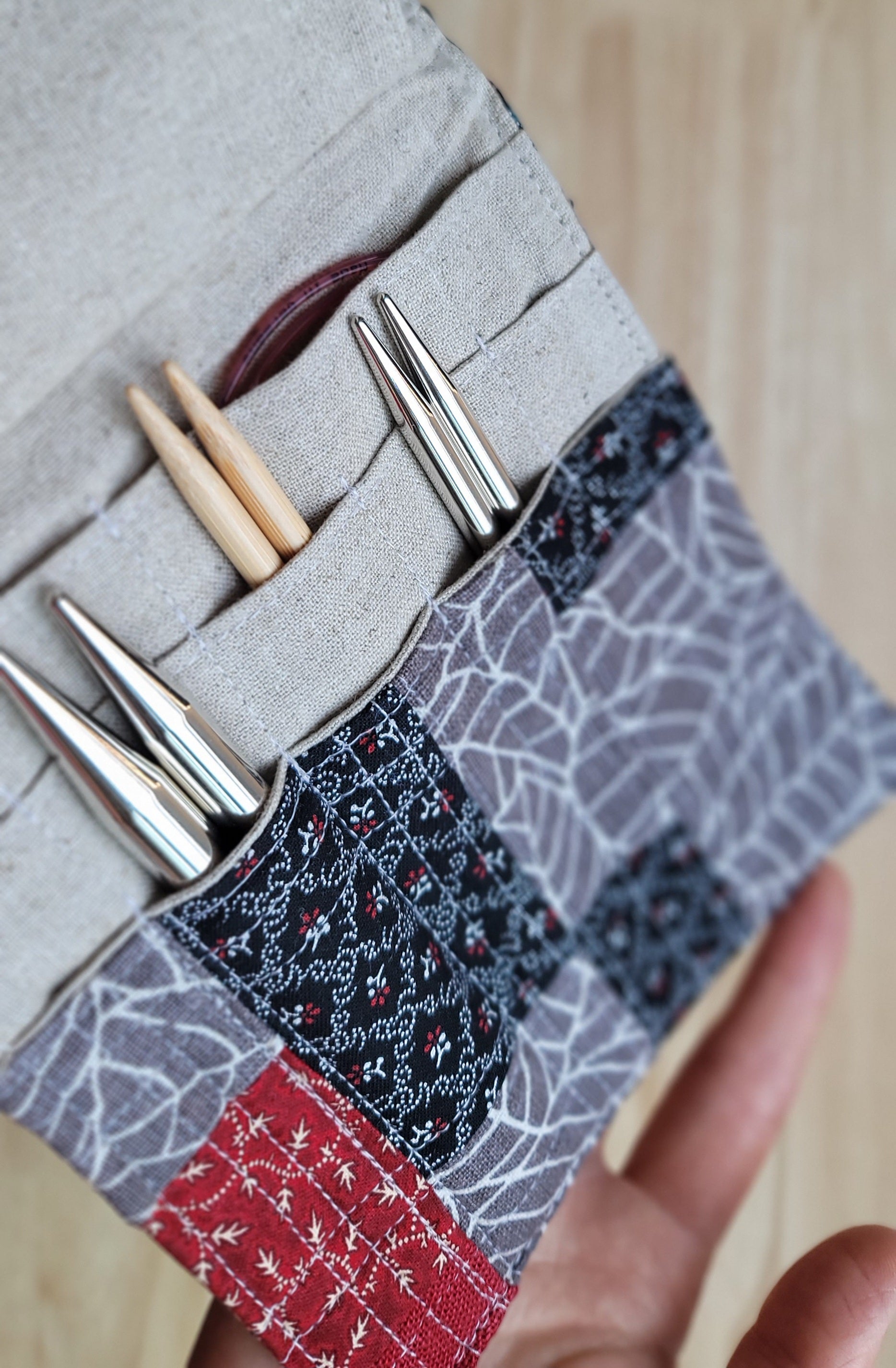 knitting needle organizer created with zero waste fabrics