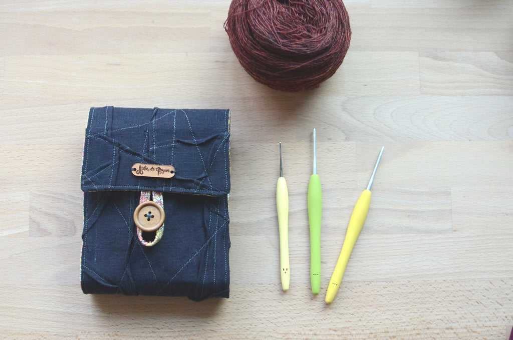 The most innovative crochet hook organizer. All sizes of crochet hooks, darn needles, tailor rulers, scissors, and stitch markers can stay all together in this fabulous crochet hook storage.