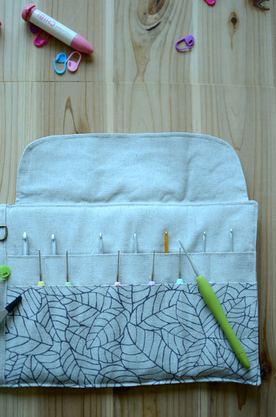 Crochet hook rollup in natural linen with a notion pocket