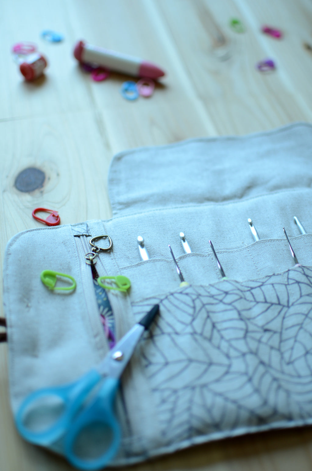 Crochet hook rollup in natural linen with a notion pocket