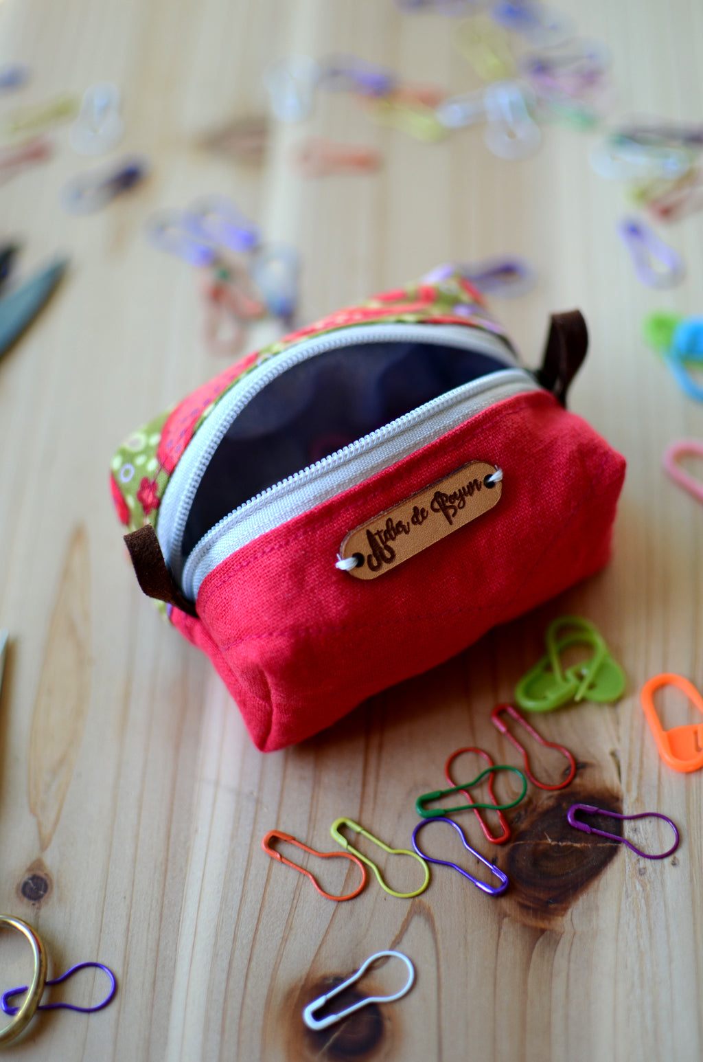 Sweet little notion box with leather handles/ Christmas Red