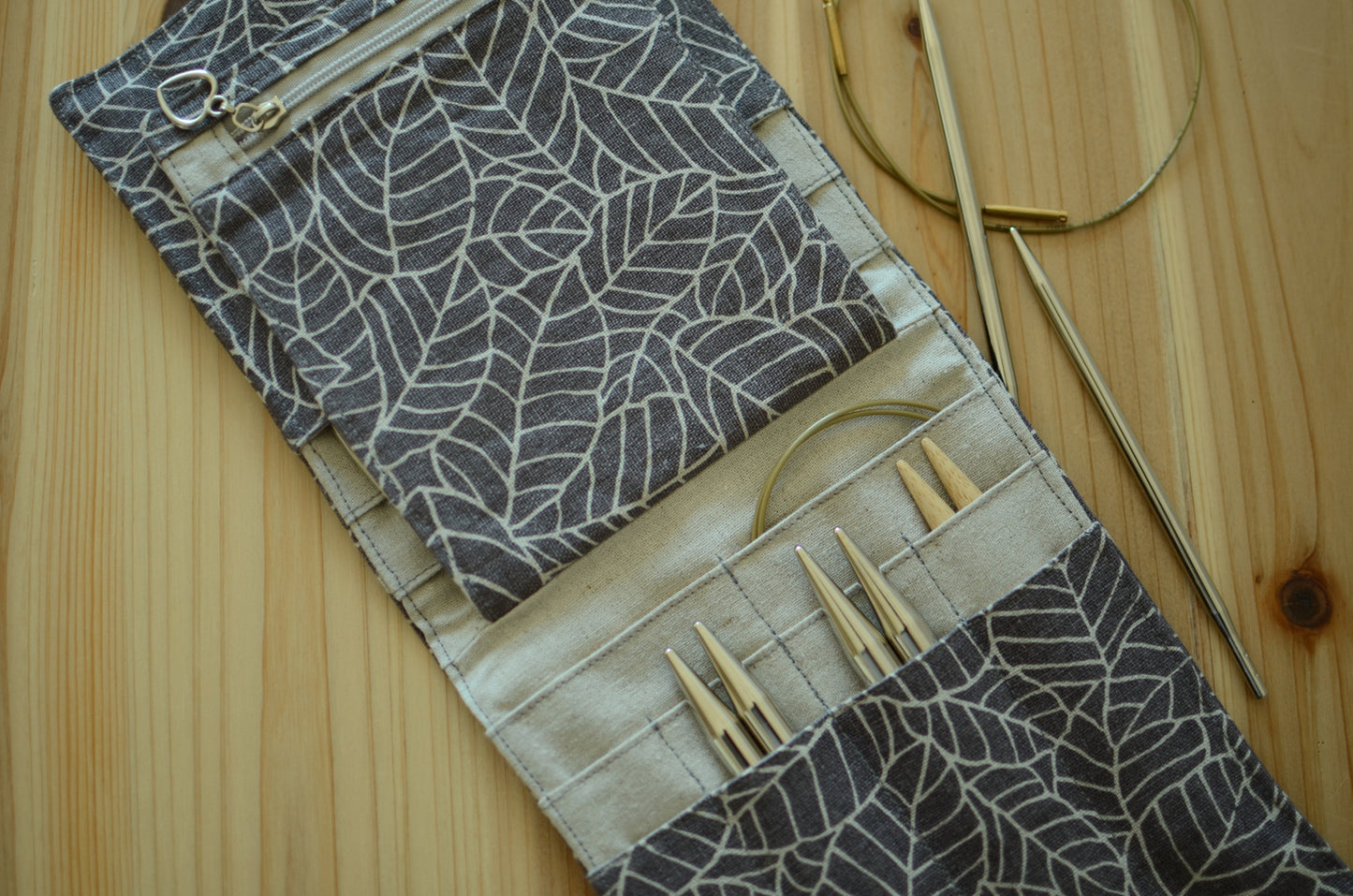 knitting needle organizer for interchangeable needle sets/ print on linen