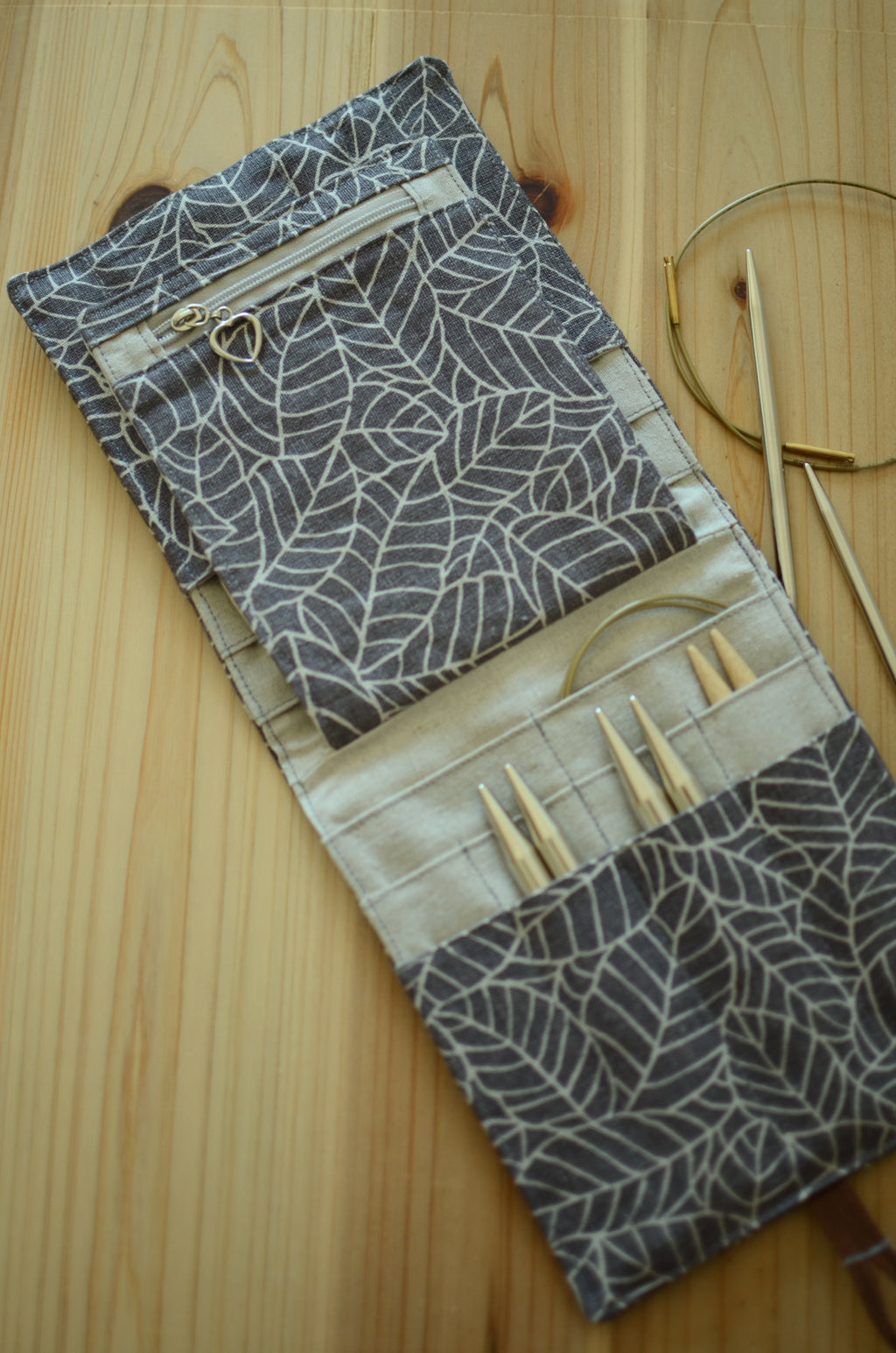 knitting needle organizer for interchangeable needle sets/ print on linen