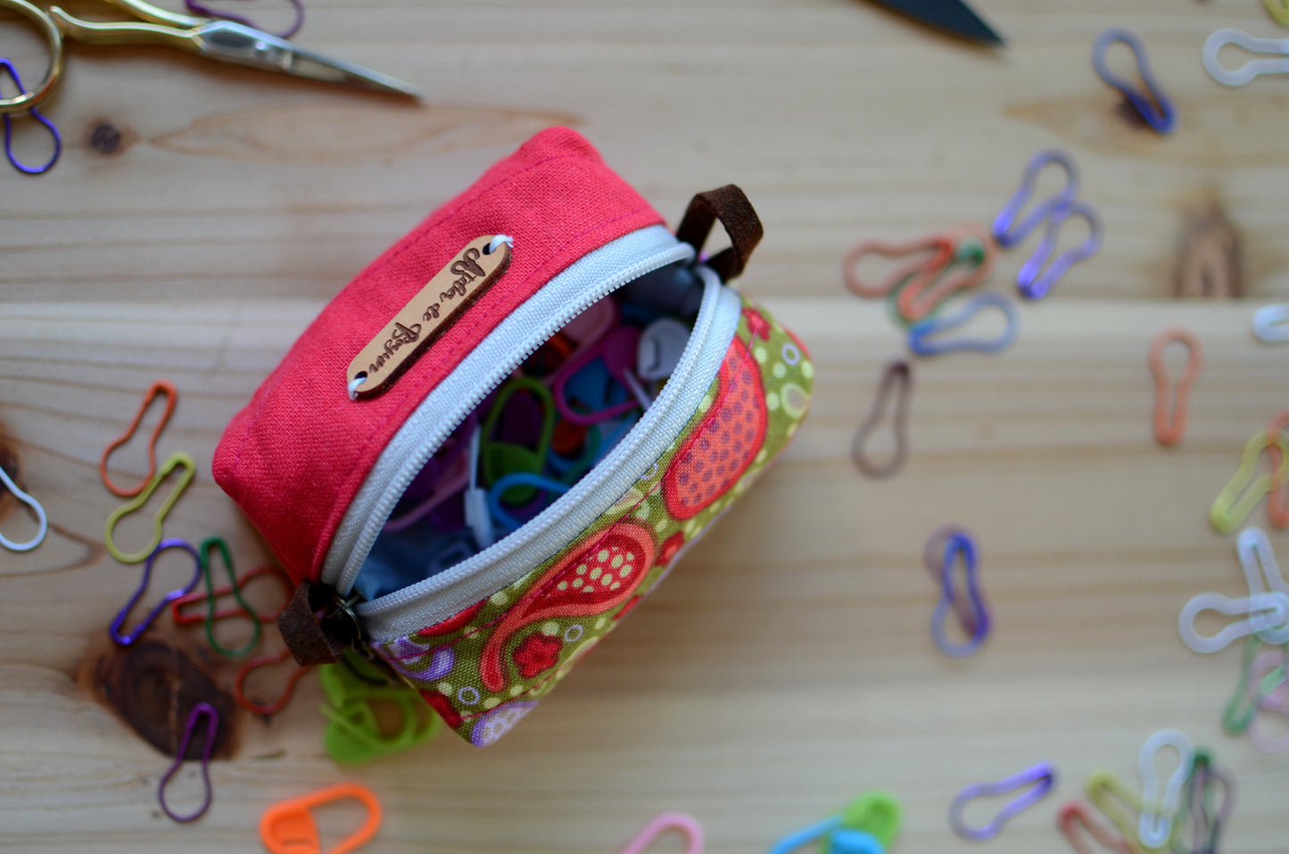 Sweet little notion box with leather handles/ Christmas Red