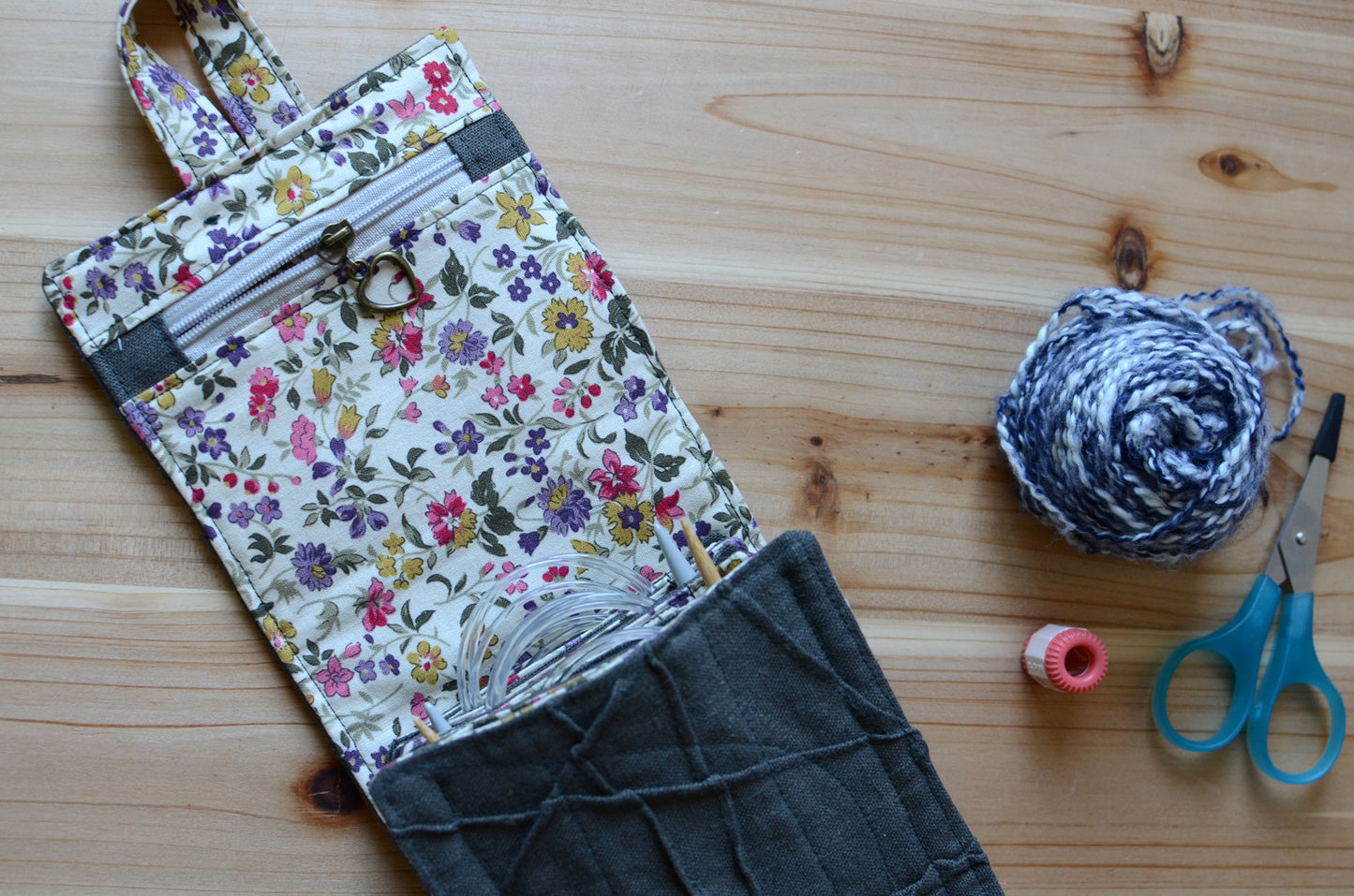 A perfect knitting needle case for many circular needle sets. Natural Linen in dark olive green
