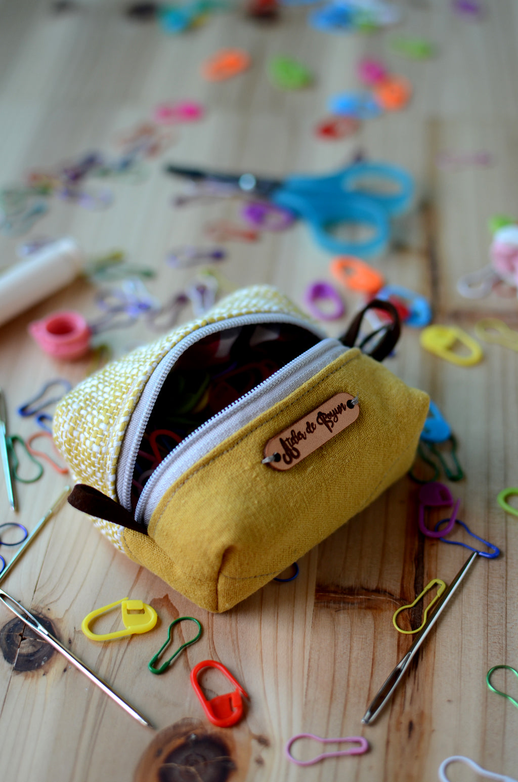 Handy mini box pouch for your crochet essentials/ Tweed mustard