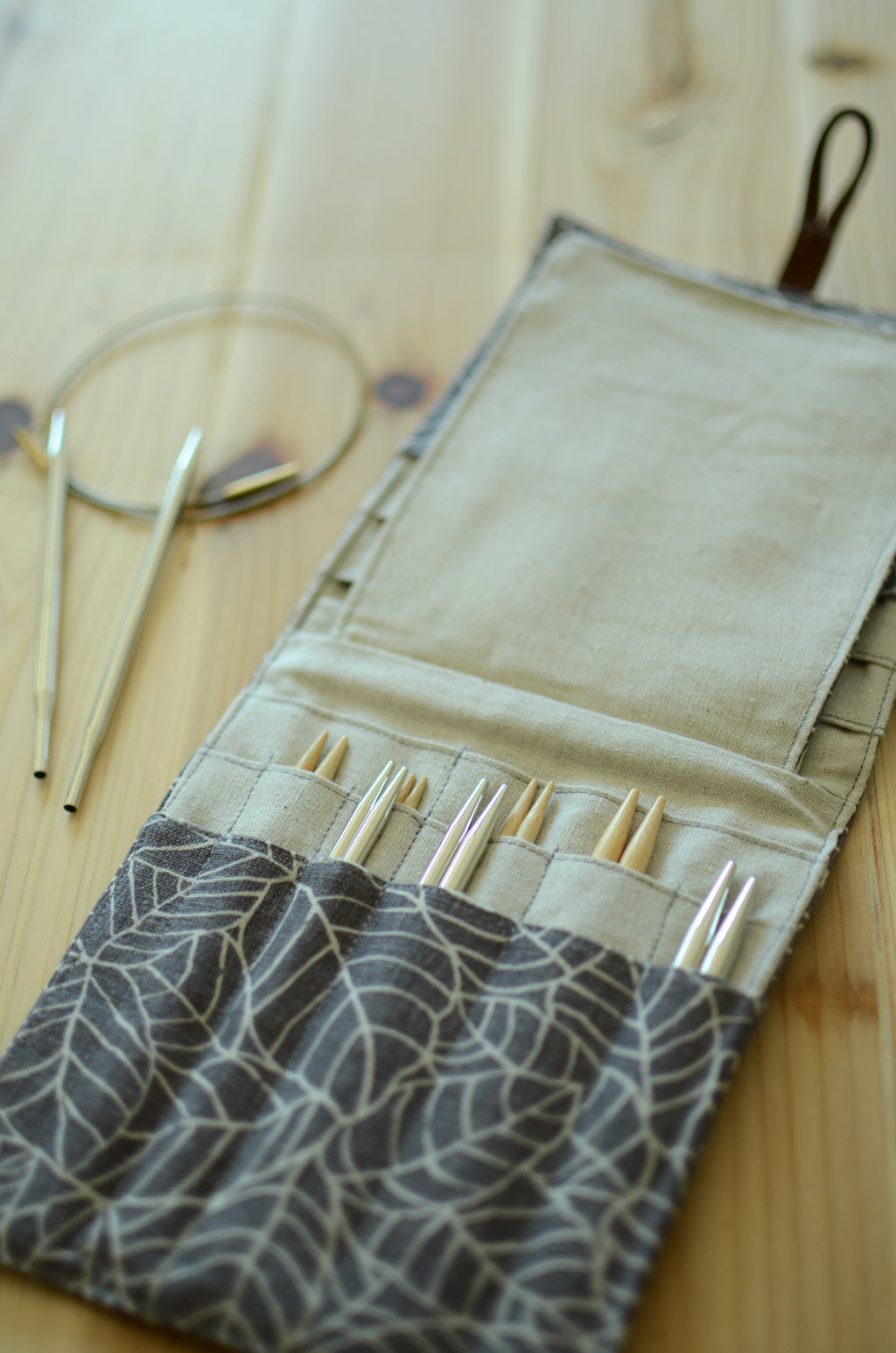 knitting needle organizer for interchangeable needle sets/ print on linen