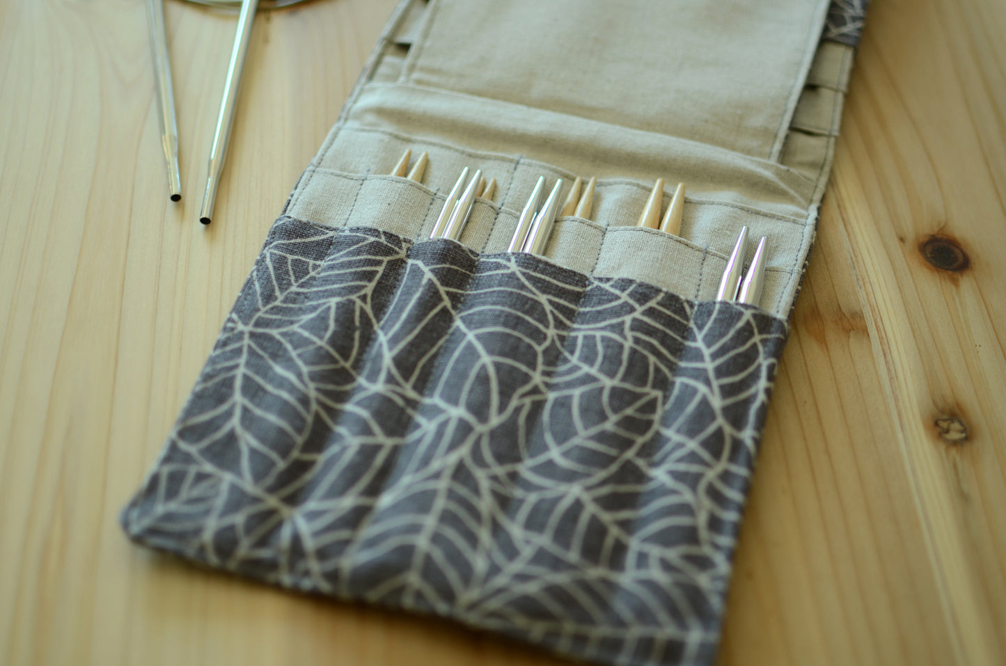 knitting needle organizer for interchangeable needle sets/ print on linen