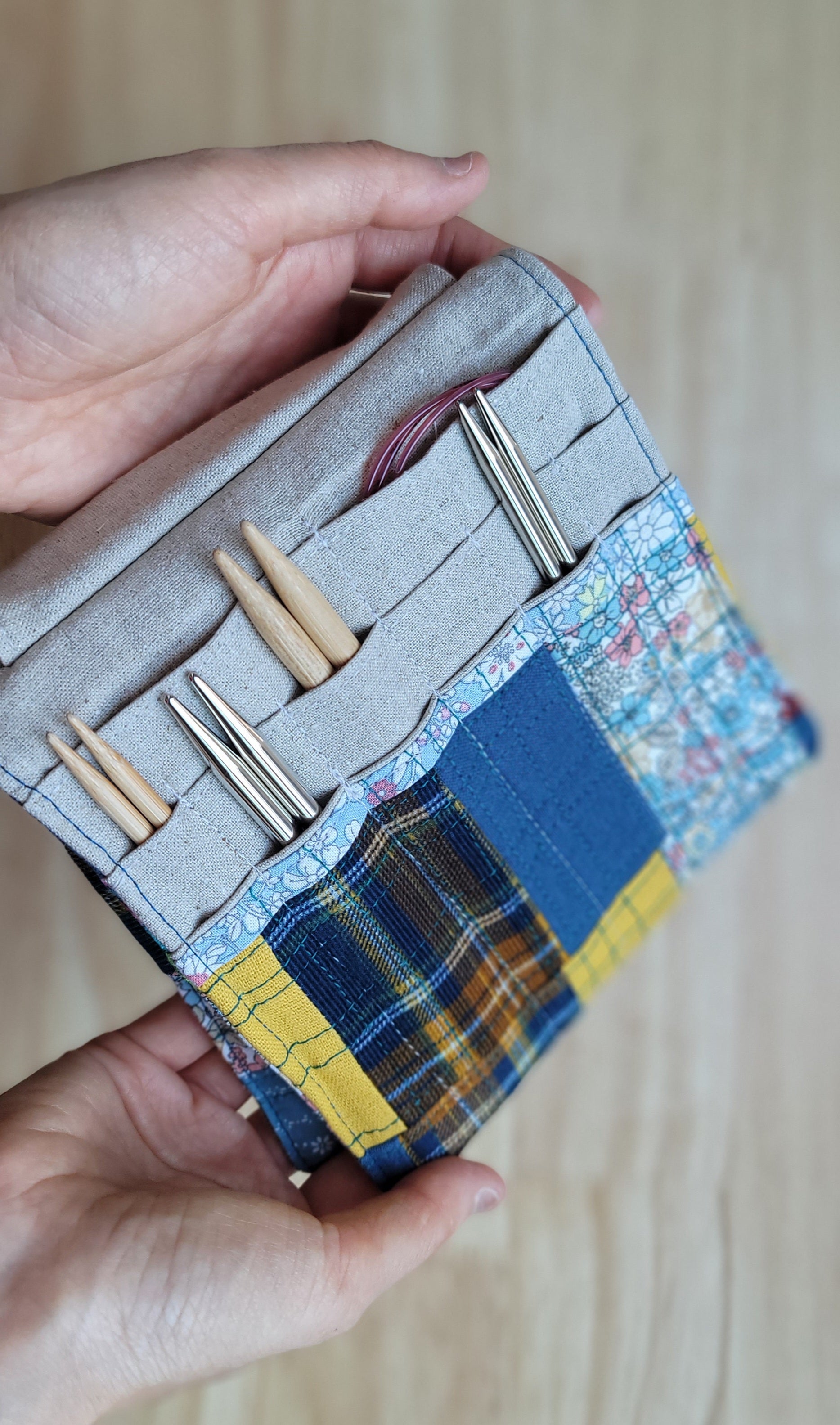 knitting needle organizer made with recycled fabrics by Atelier de Soyun