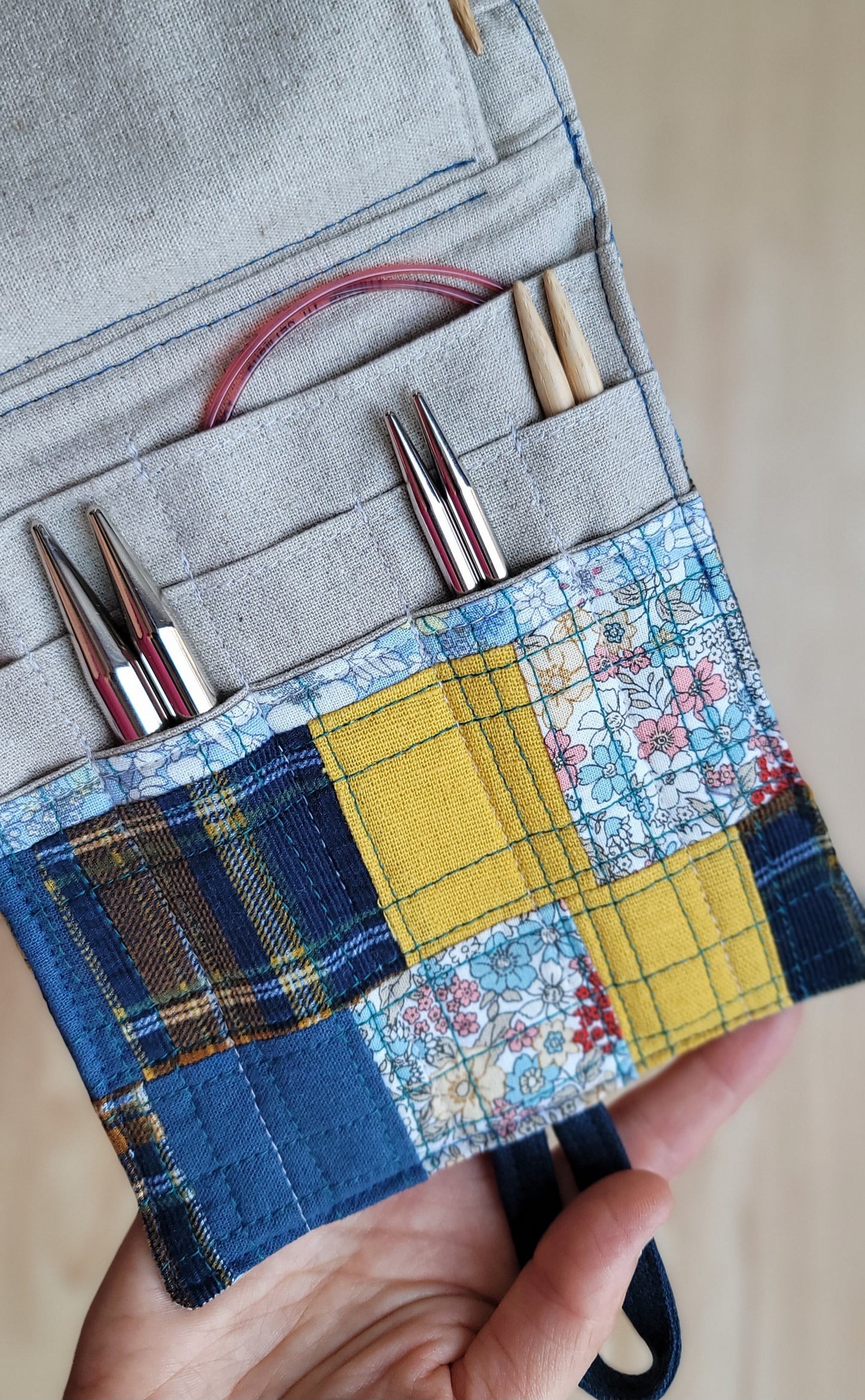 knitting needle organizer made with recycled fabrics by Atelier de Soyun