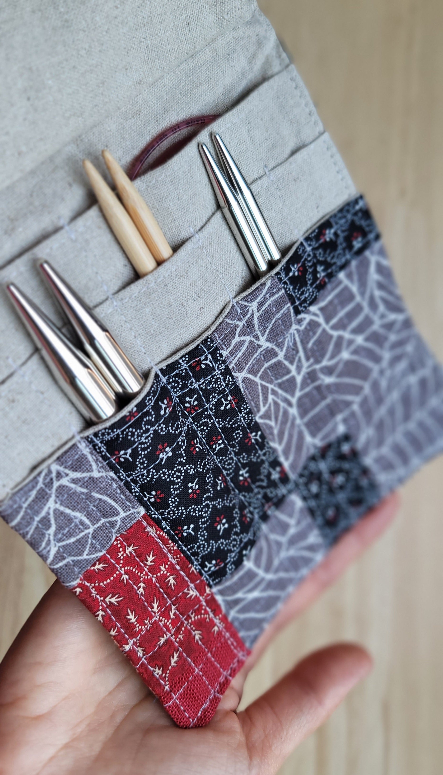 knitting needle organizer created with zero waste fabrics 