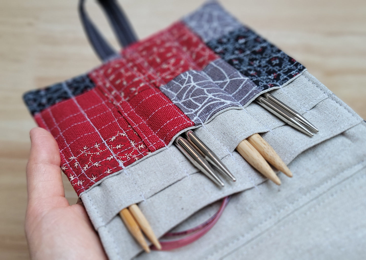 knitting needle organizer created with zero waste fabrics 