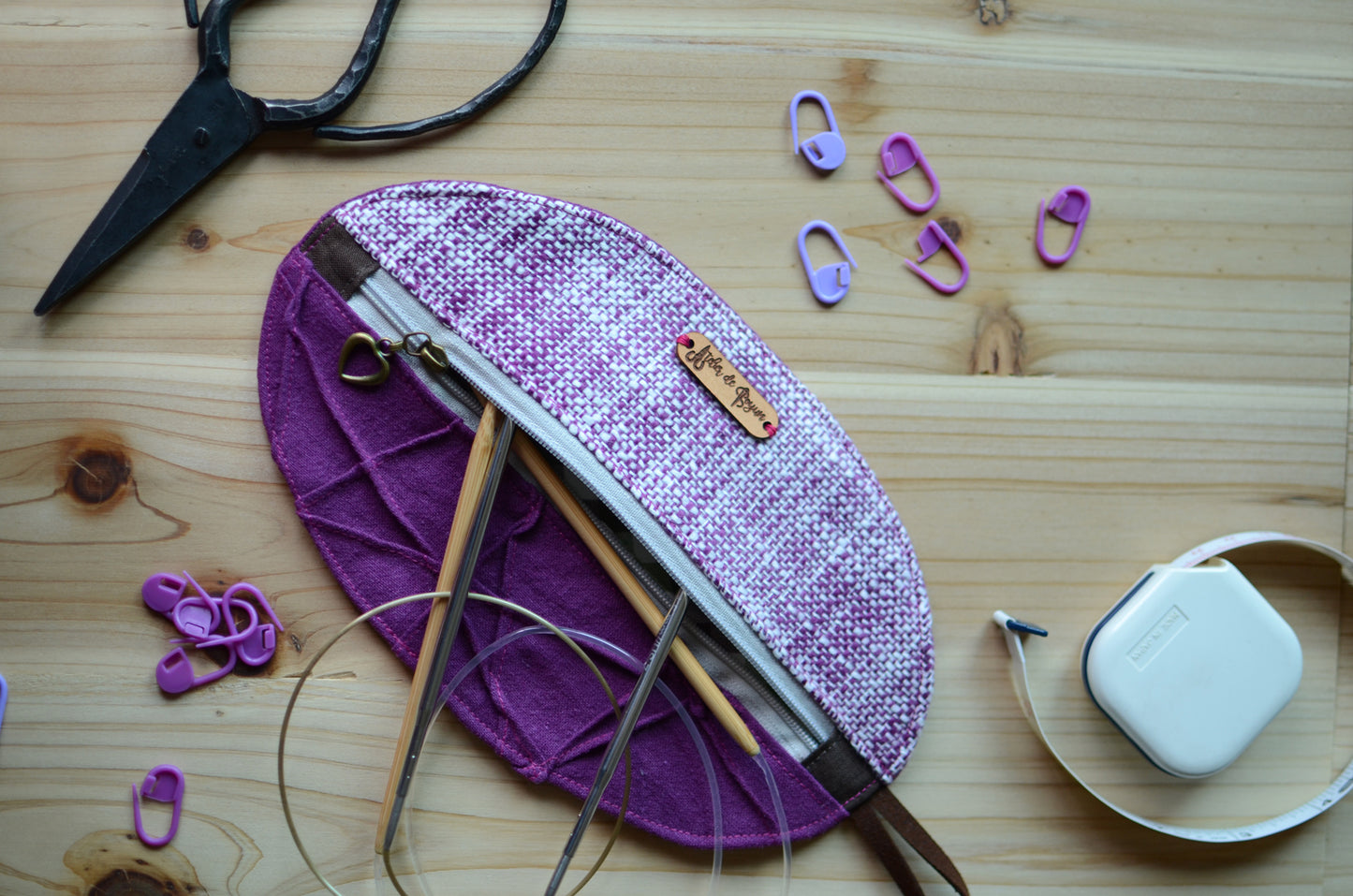 Mini knitting organizer in violet/ great for scissors, stitch markers, darning needles, and more