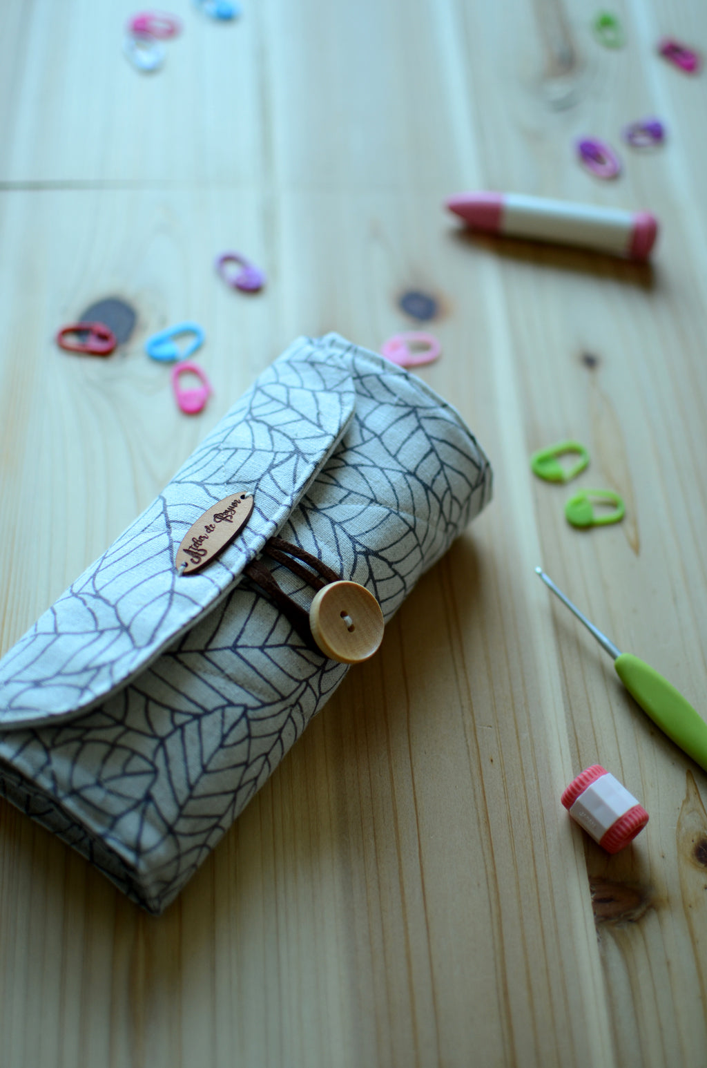 Crochet hook rollup in natural linen with a notion pocket