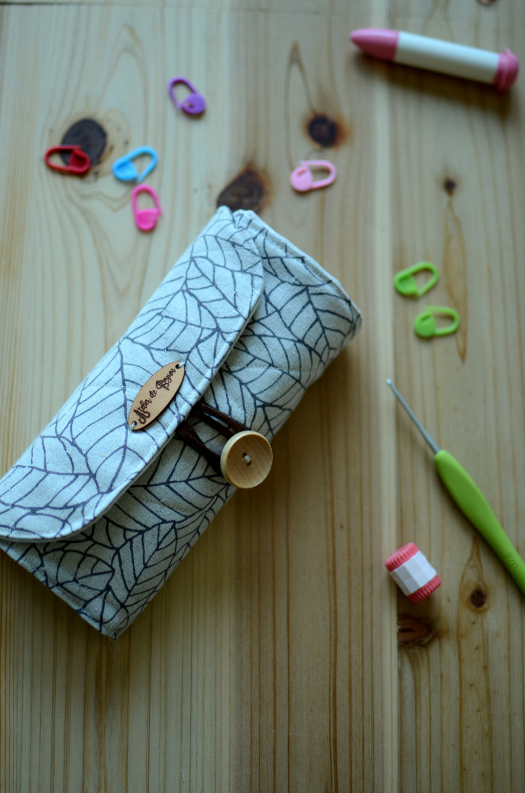 Crochet hook rollup in natural linen with a notion pocket