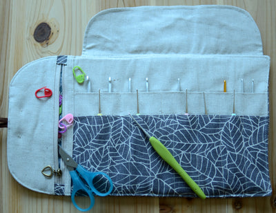 Crochet hook storage in natural linen with a built-in zipper pocket