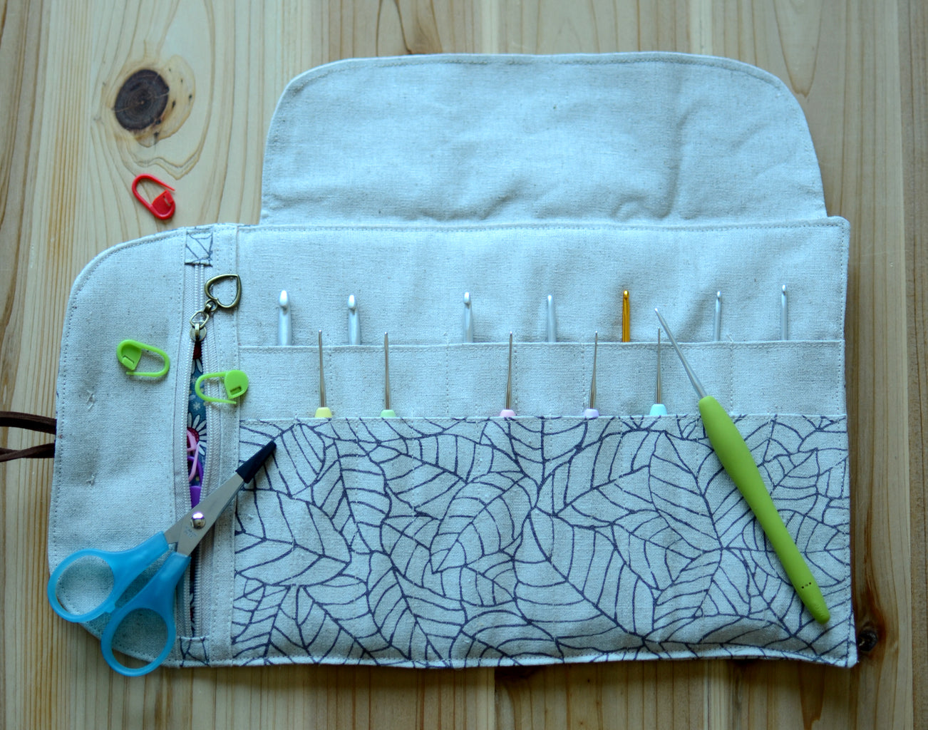 Crochet hook rollup in natural linen with a notion pocket