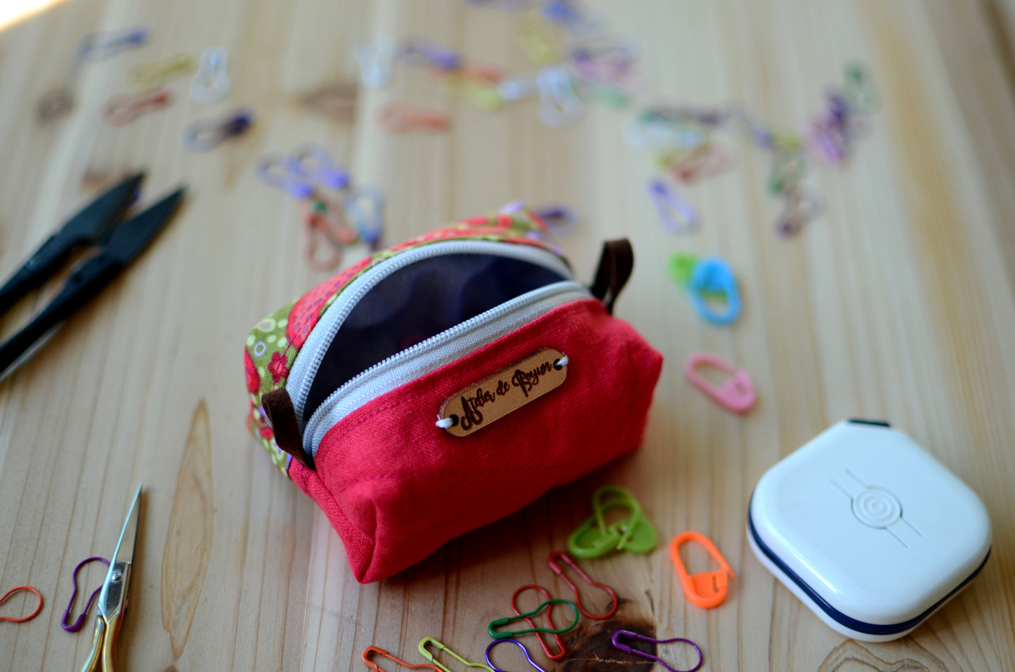 Sweet little notion box with leather handles/ Christmas Red