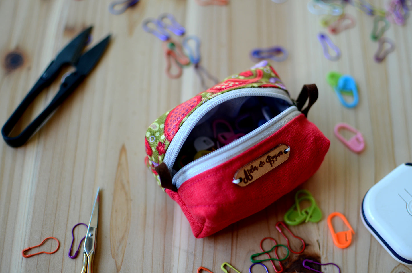 Sweet little notion box with leather handles/ Christmas Red