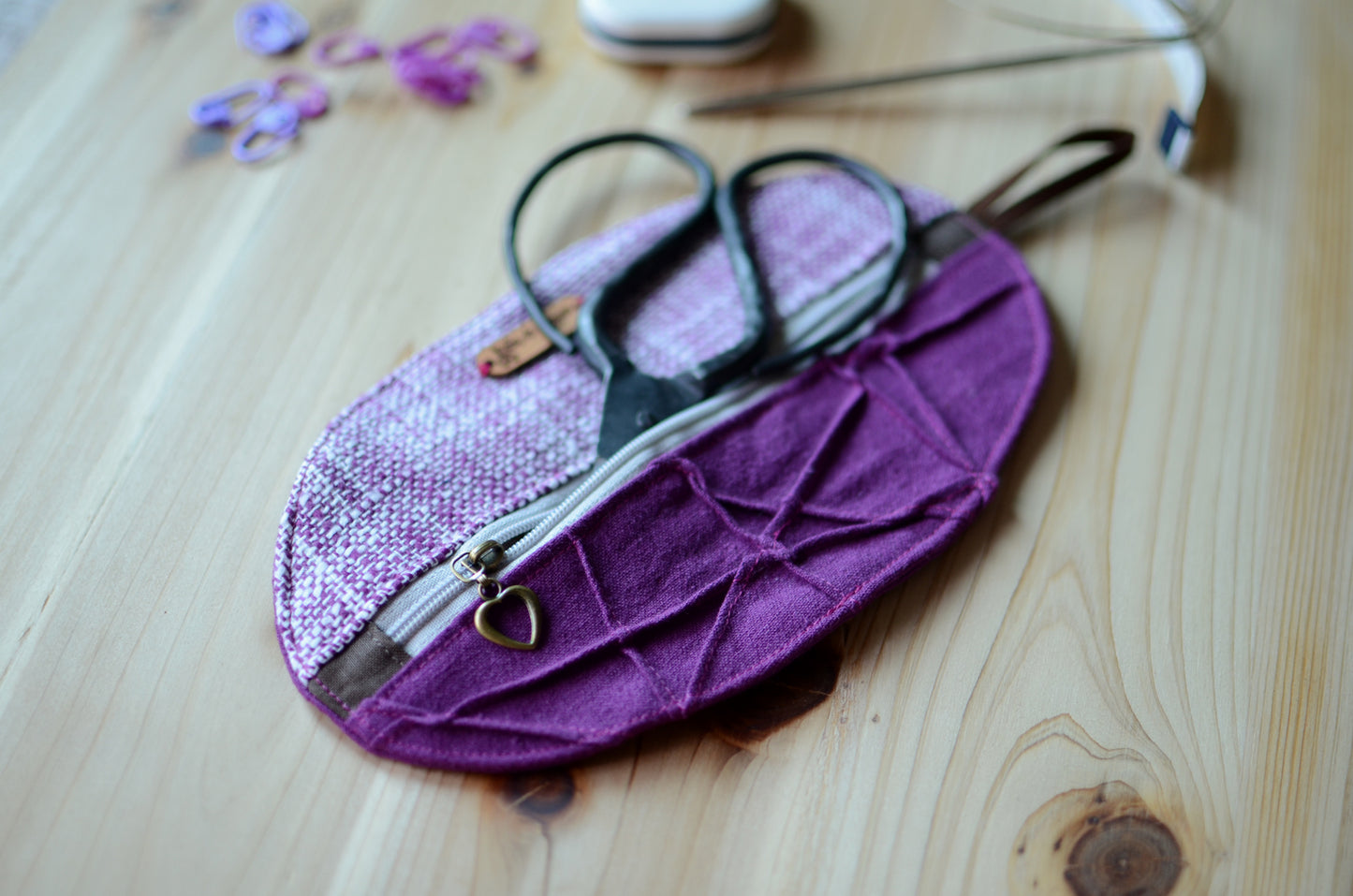 Mini knitting organizer in violet/ great for scissors, stitch markers, darning needles, and more