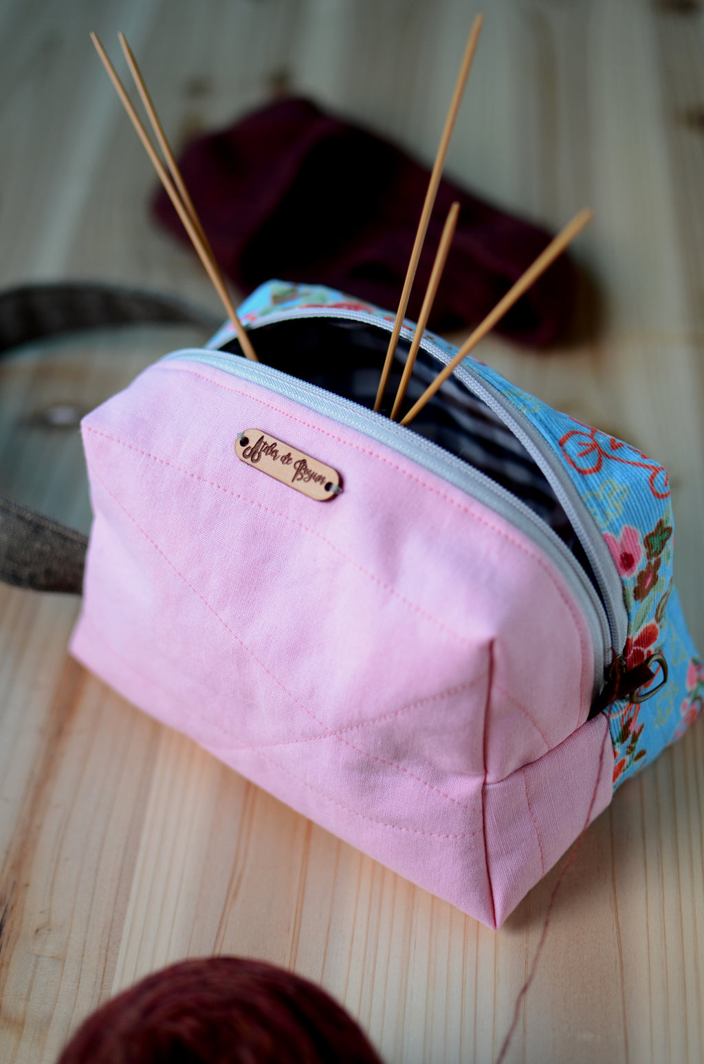 Small project bag for easy commuting/ light pink with festive floral