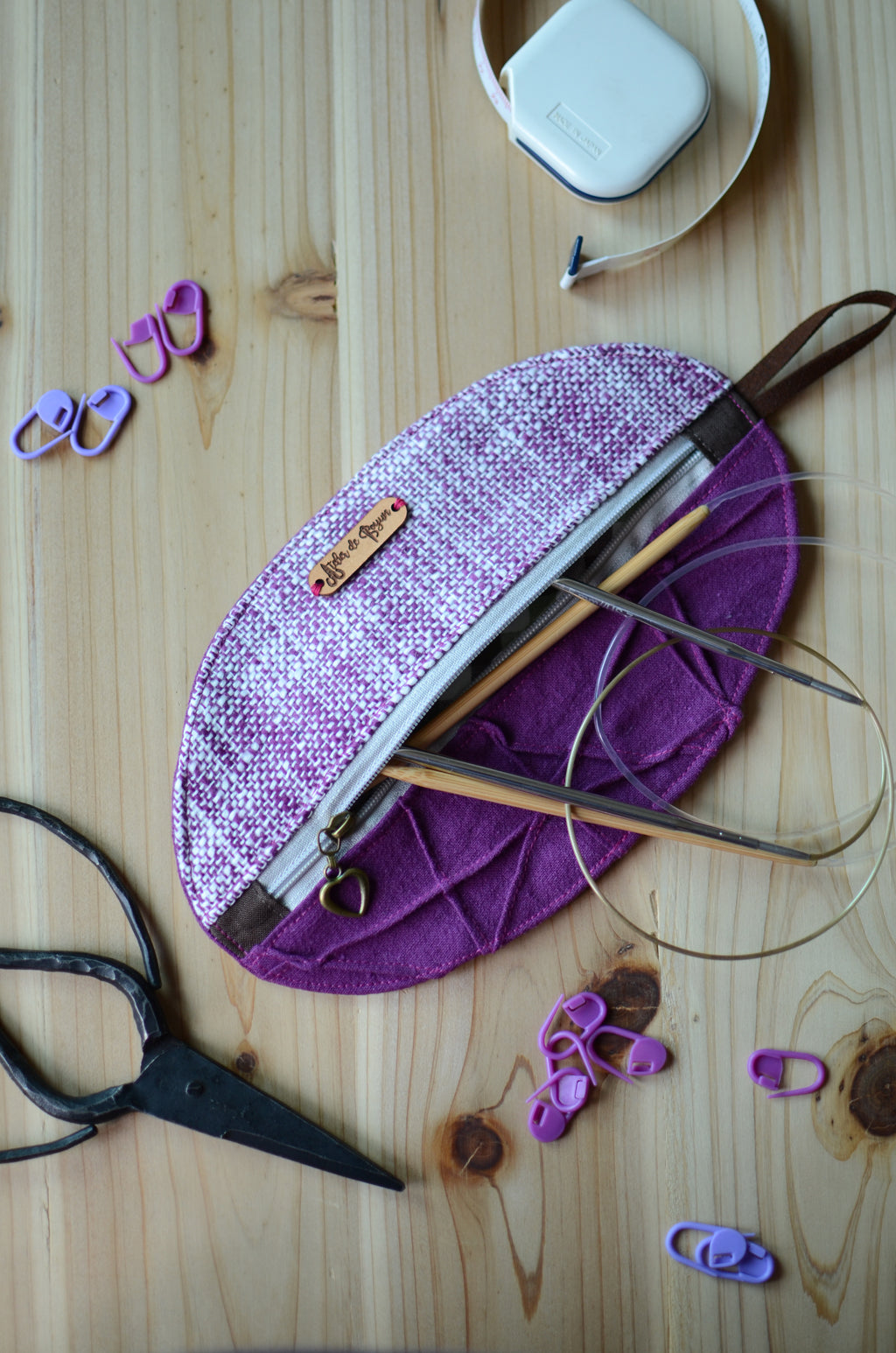 Mini knitting organizer in violet/ great for scissors, stitch markers, darning needles, and more