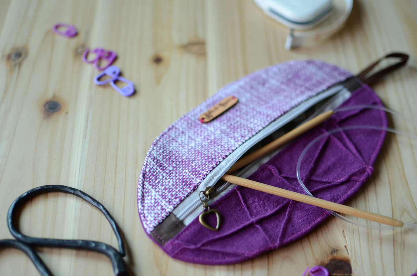 Mini knitting organizer in violet/ great for scissors, stitch markers, darning needles, and more