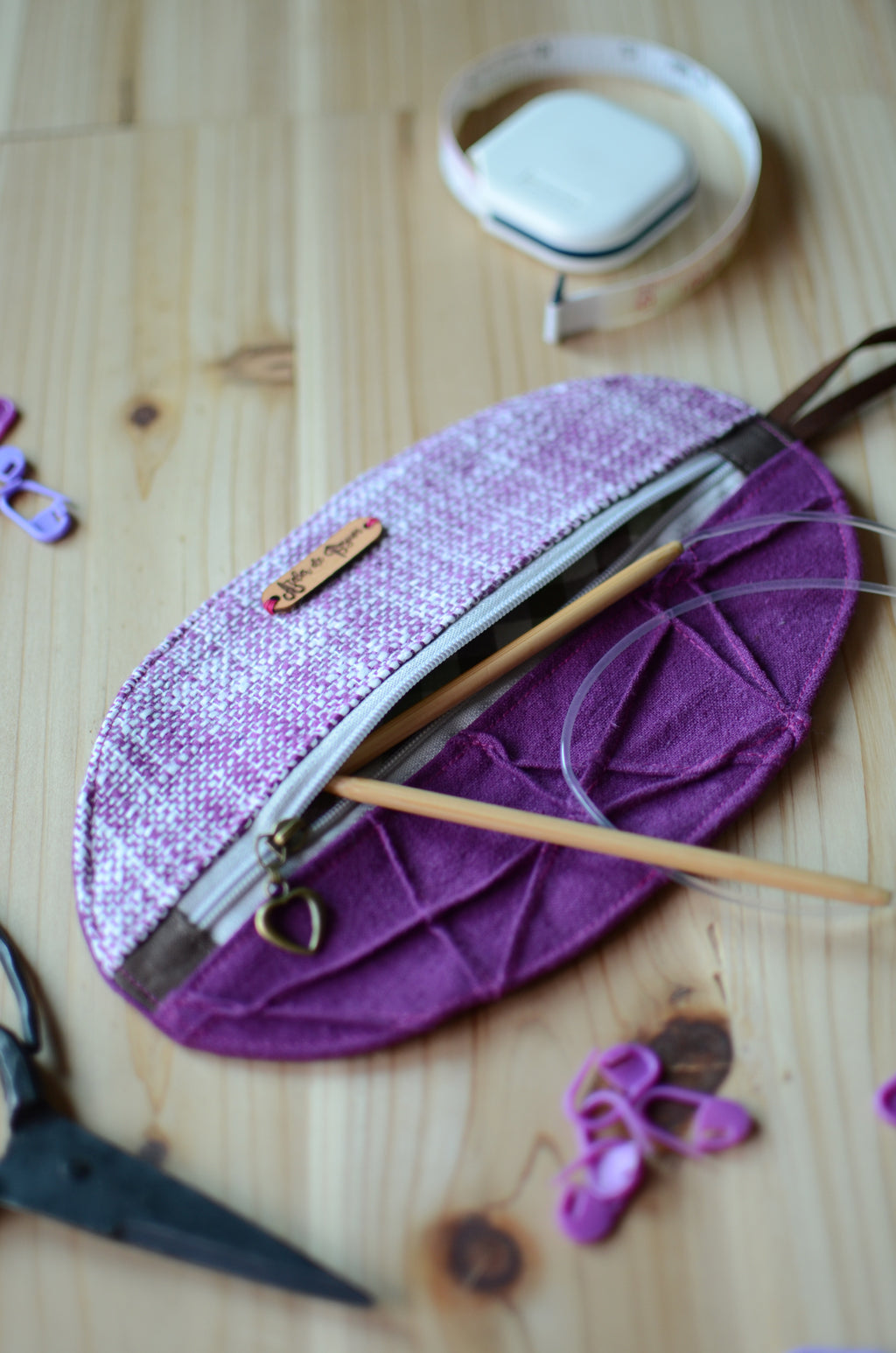 Mini knitting organizer in violet/ great for scissors, stitch markers, darning needles, and more