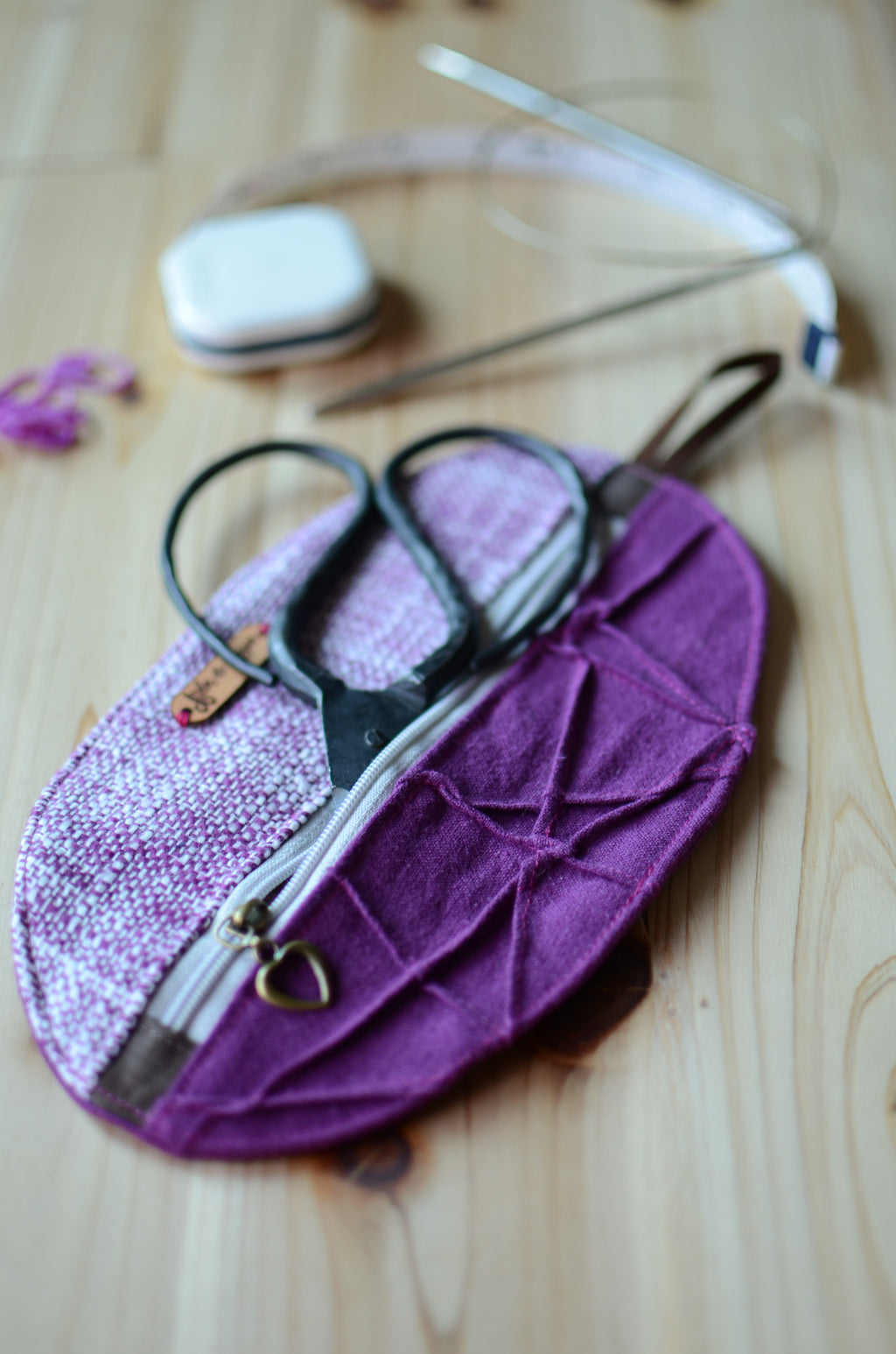 Mini knitting organizer in violet/ great for scissors, stitch markers, darning needles, and more